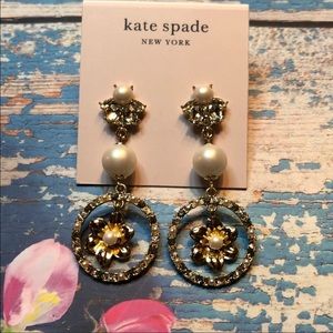 Kate Spade CZ Gold Floral Pearl Hoop Earrings NEW